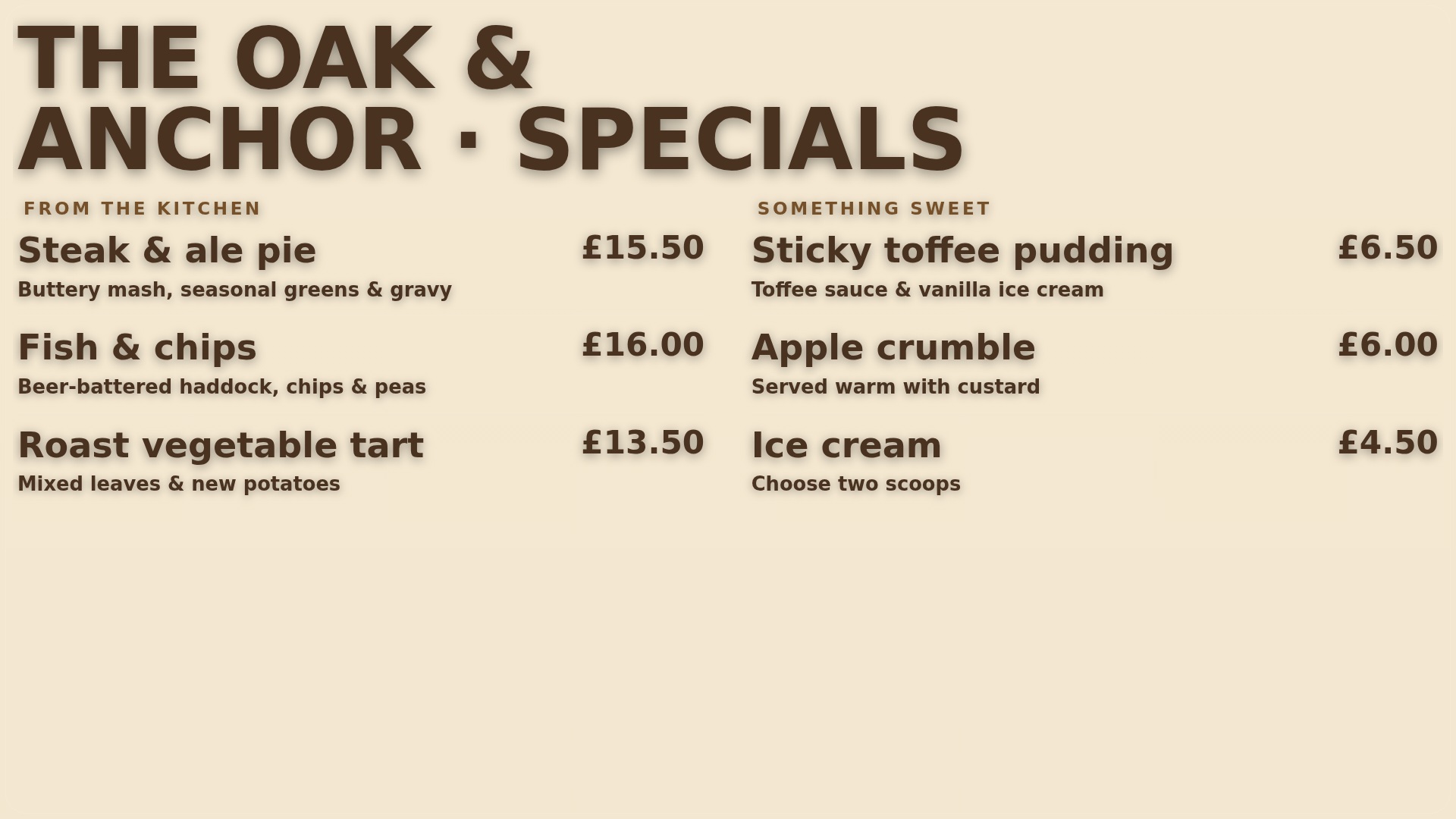 Daily specials. An editable food menu for seasonal pub dishes. Prices and dishes are illustrative.